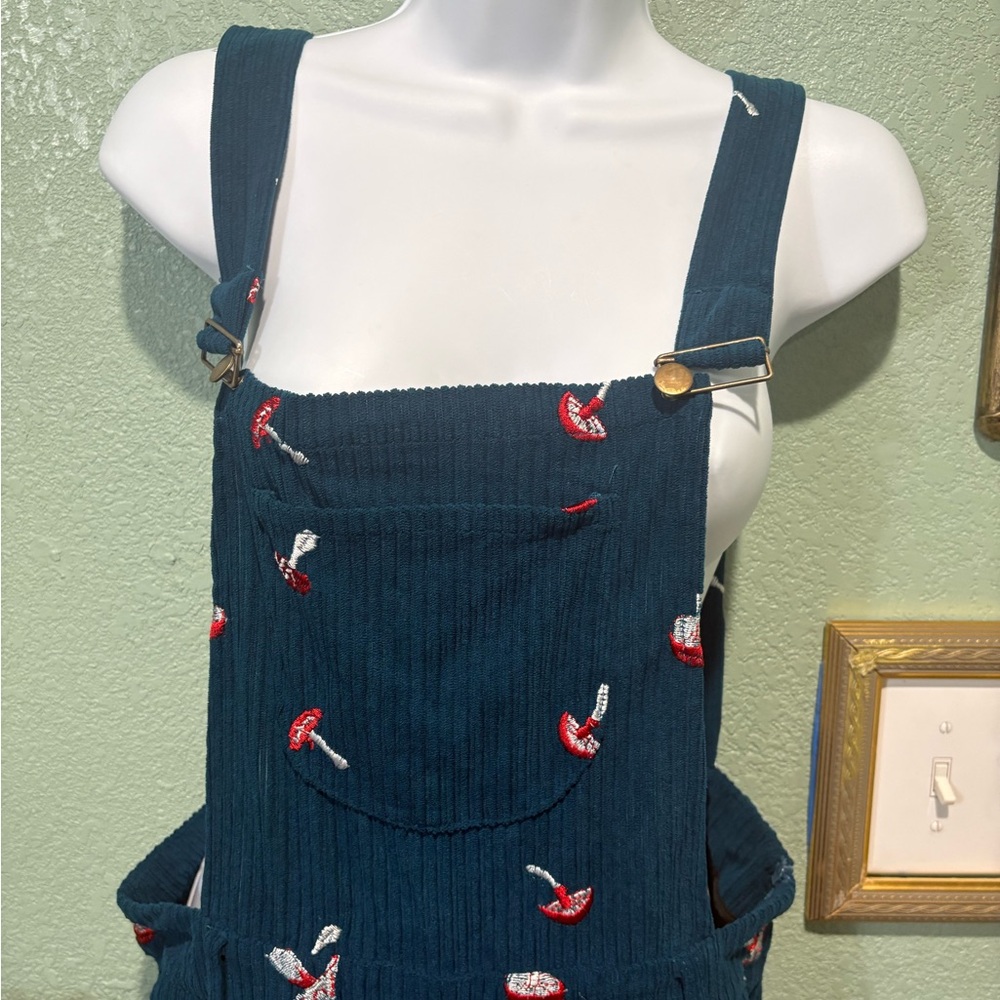 Cider Navy Blue Mushroom Embroidered Corduroy Overalls Jumpsuit - Picture 5 of 13